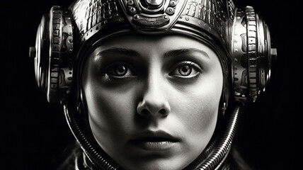 1950's Atomic age portrait of model as astronaut wearing sci-fi space suit and helmet in preparation for experimental interstellar travel to the moon and beyond.	