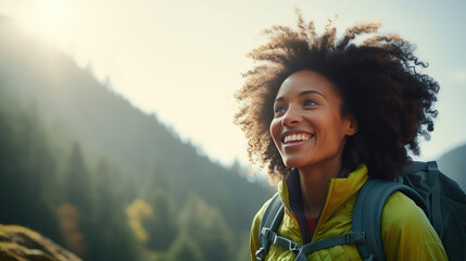 Joyful young African American woman hiking in nature, exuding vitality and laughter, embracing the beauty of the outdoors, mountains and forest in the background. - obrazy, fototapety, plakaty
