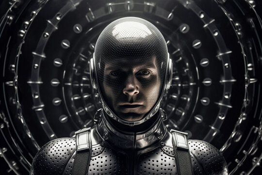 1950's Atomic age portrait of model as astronaut wearing sci-fi style space suit and helmet in preparation for experimental interstellar travel to the moon and beyond.	 - Powered by Adobe