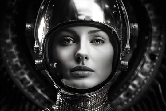 1950's Atomic age portrait of model as astronaut wearing sci-fi style space suit and helmet in preparation for experimental interstellar travel to the moon and beyond.	