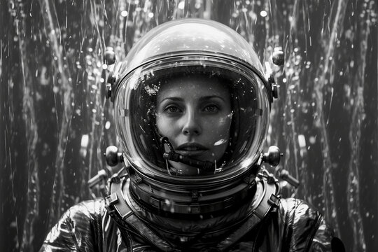 1950's Atomic age portrait of model as astronaut wearing sci-fi style space suit and helmet in preparation for experimental interstellar travel to the moon and beyond.	