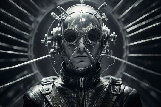 1950's Atomic age portrait of model as astronaut wearing sci-fi style space suit and helmet in preparation for experimental interstellar travel to the moon and beyond.	