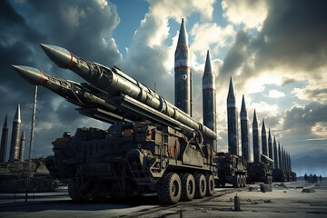 war and weapon - army artillery - tactical ground-air ballistic missiles on the launch ramp - obrazy, fototapety, plakaty