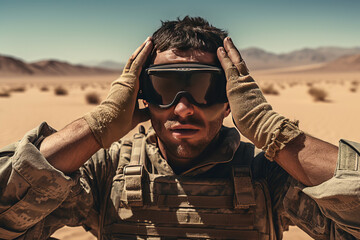 US soldier in the desert during the military operation turning to combat helicopter approaching covering his eyes. Backup is coming - obrazy, fototapety, plakaty
