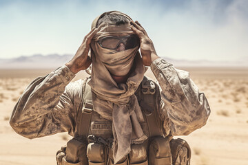US soldier in the desert during the military operation turning to combat helicopter approaching covering his eyes. Backup is coming - obrazy, fototapety, plakaty