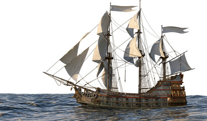 historical sailing ship on the ocean without background 3d rendering isolated