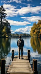 Fototapeta na wymiar peaceful alone male man adult traveller sit casual relax on wooden deck at the end of deck with stunning reflecting lake with beautiful day nature travel concept