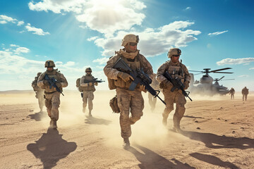 Team of United states airborne infantry men with weapons moving patrolling desert storm. Sand, blue sky on background of squad, sunlight, front view