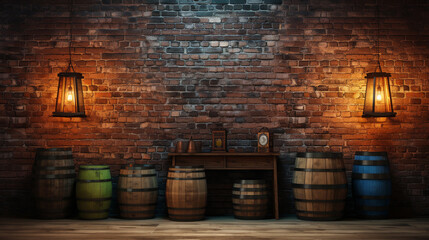 wooden beer barrels against a brick wall lit by lights on the wall, public house cellar concept