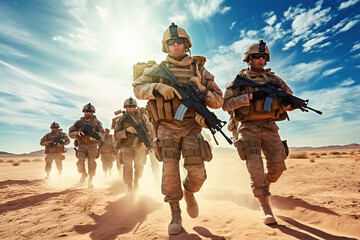 Team of United states airborne infantry men with weapons moving patrolling desert storm. Sand, blue sky on background of squad, sunlight, front view