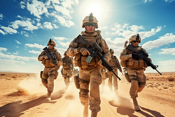 Team of United states airborne infantry men with weapons moving patrolling desert storm. Sand, blue sky on background of squad, sunlight, front view - obrazy, fototapety, plakaty