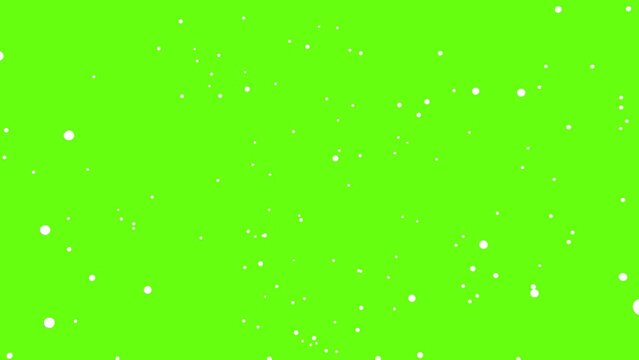 An explosion of white balls on a green screen, the balls fly apart. 3D animation.