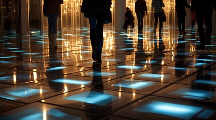 Innovative Pavegen installation, a technology that converts kinetic energy from footsteps into electricity. A busy urban area, capturing the energy of pedestrians and converting into sustainable power