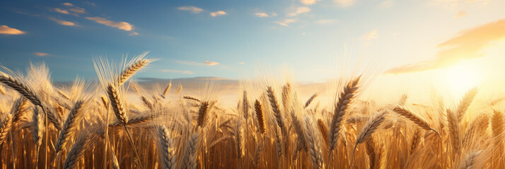 A wheat field border with blue sky and white clouds landscape - obrazy, fototapety, plakaty