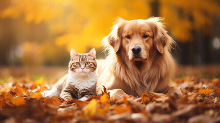 Beautiful cute dog and cat posing in an autumn park. Cute pets posing in an autumn forest. Best...