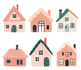 Cute watercolor buildings. Set of watercolor european houses. Trendy childish illustration