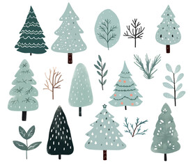 Set of watercolor scandinavian trees. Cute christmas trees. Trendy scandi vector plants.