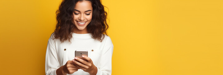 Latin woman wearing a white t-shirt and holding mobile phone looking at smartphone isolated on yellow background - obrazy, fototapety, plakaty