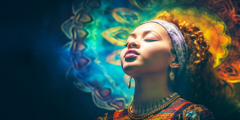 Portrait of a young african woman with closed eyes in ethnic clothes, scarf on her head and earrings on blurred blue background with african ornament and copy space. Banner size