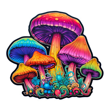 Magic mushrooms on transparent background, psychedelic mushrooms, psilocybin mushrooms, acid mushrooms sticker, fingi clipart, colorful mushrooms.