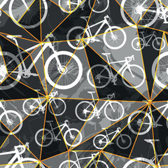 White bicycles seamless pattern over geometric triangles water color effect at background