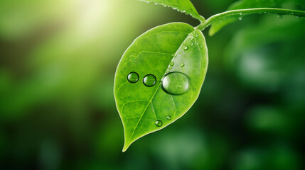 Green leaf with water droplet for decrease CO2 - obrazy, fototapety, plakaty