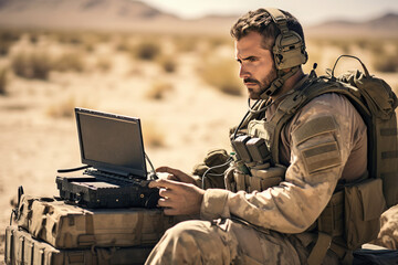Soldier is Using Laptop Computer and Radio for Communication During Military Operation in the Desert
