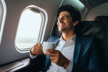 Smiling businessman holding cup and looking at window in private plane - obrazy, fototapety, plakaty