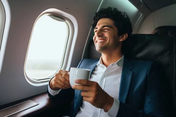 Papier peint photo autocollant rond Avion Smiling businessman holding cup and looking at window in private plane