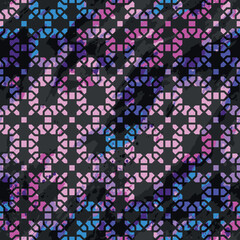 multicolor stained glass geometric figures over black water color effect background seamless pattern