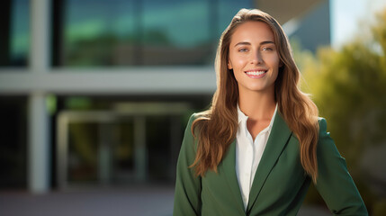 Obraz premium Young, confident corporate businesswoman stands smiling outside her office building, exuding positivity and success in a vibrant portrait of modern professionalism.