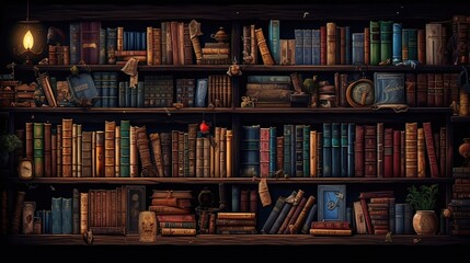 Literary choices, diverse reading material, genre-spanning collection, organized reading space, book lover's treasure, knowledge repository, reader's bliss. Generated by AI. - obrazy, fototapety, plakaty