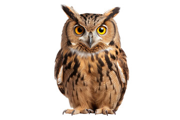 Obraz premium Portrait of Grey Owl looking at camera isolated on transparent background, raptors animal wildlife and habitat concept, Environmental Conservation.