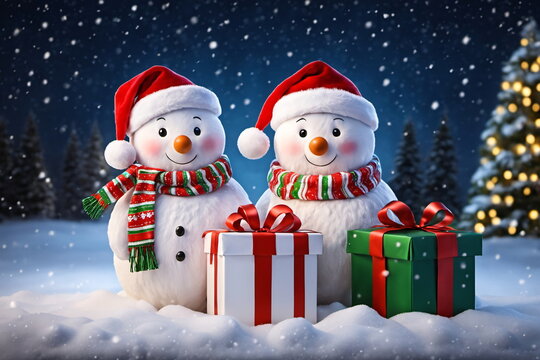 Niedliche Schneemänner mit Weihnachtsmannzipfelmützen und Geschenken, im Hintergrund ein Christbaum.