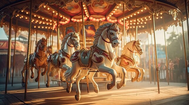 Whirling delight, vintage carousel, entrancing equines, carousel's graceful dance, rhythmic amusement, fairground magic, carousel fascination. Generated by AI.