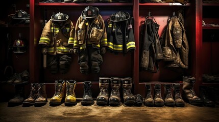 Firefighter equipment, aligned boots, fire station readiness, emergency response, safety dedication. Generated by AI. - obrazy, fototapety, plakaty