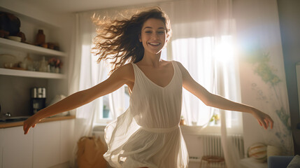 Young woman expressing freedom and vitality as she dances alone at home, a genuine celebration of emotion and personal lifestyle. - obrazy, fototapety, plakaty