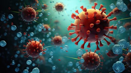 Fototapeta na wymiar Human host and virus at the cellular level. Molecular warfare, immune system defense, viral invasion, cellular struggle, microscopic combat. Generated by AI.