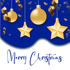 Merry Christmas blue banner with gold stars. Christmas card. Vector illustration.