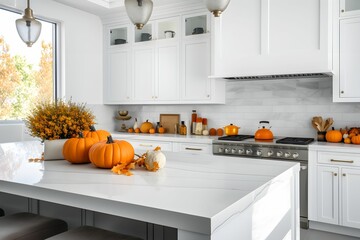 White kitchen decorated for autumn season with pumpkin - obrazy, fototapety, plakaty