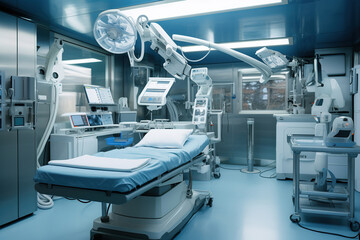 Modern equipment in operating room. Medical devices for neurosurgery - obrazy, fototapety, plakaty