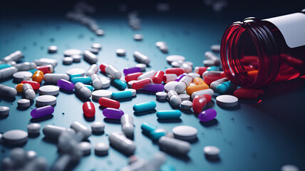 Sprinkled multi-colored capsules, tablets, vitamins, antibiotics. Generative AI