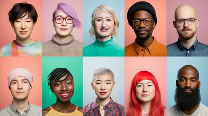 Square Frames of Diversity: Portraits Against Pastel Backdrops. Generative AI