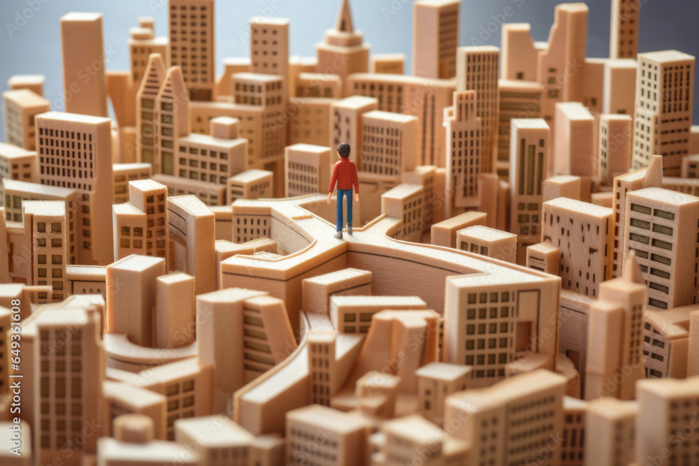 Poster man in city street as maze is looking for way out. concept of finding right path. figure of man in l