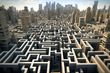City as maze with streets and high rising buildings. Futuristic architecture