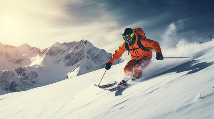 A young man playing skiing on winter time, background is a mountain.