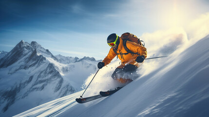 A young man playing skiing on winter time, background is a mountain. - obrazy, fototapety, plakaty
