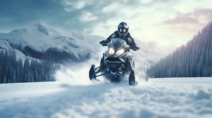 A young man ride motor ski on winter time, background is a mountain.