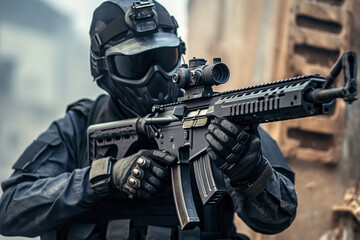 Naklejka premium Elite special unit soldier with gasmask is holding assault rifle and aiming at the target