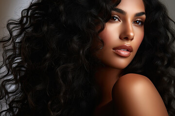 Close up of a woman with healthy curly brown hair, National Hair Day banner 